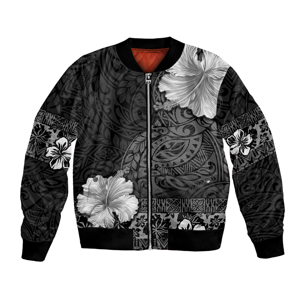 Hawaii Hibiscus With Black Polynesian Pattern Bomber Jacket LT05 Unisex Black - Polynesian Pride