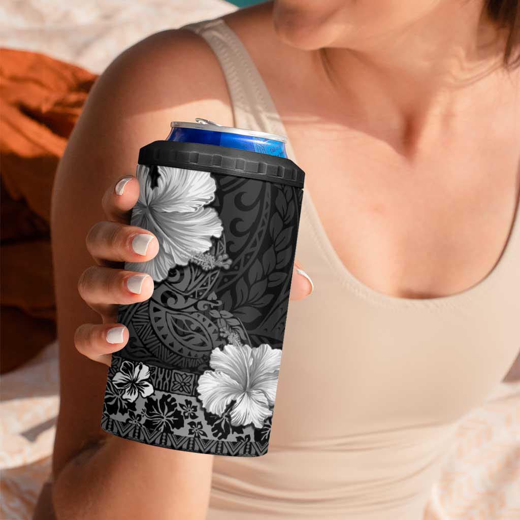 Hawaii Hibiscus With Black Polynesian Pattern 4 in 1 Can Cooler Tumbler