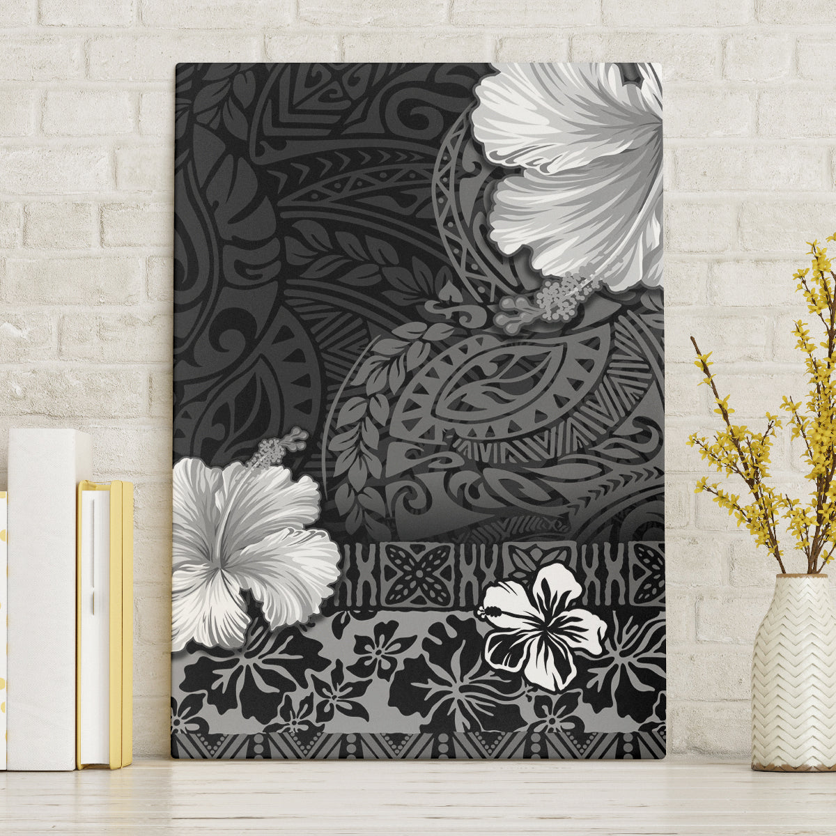Hawaii Hibiscus With Black Polynesian Pattern Canvas Wall Art LT05 Without Frame Black - Polynesian Pride