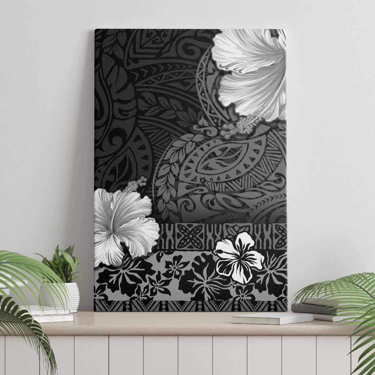 Hawaii Hibiscus With Black Polynesian Pattern Canvas Wall Art LT05 - Polynesian Pride