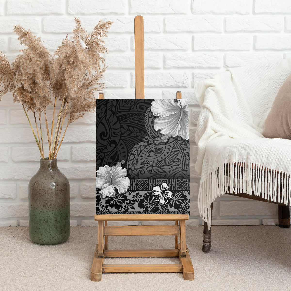 Hawaii Hibiscus With Black Polynesian Pattern Canvas Wall Art LT05 - Polynesian Pride