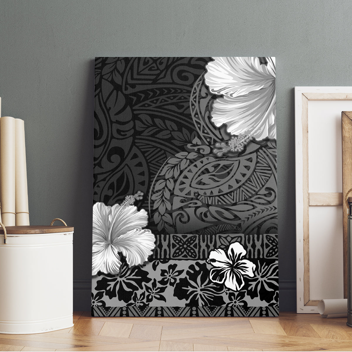 Hawaii Hibiscus With Black Polynesian Pattern Canvas Wall Art LT05 - Polynesian Pride