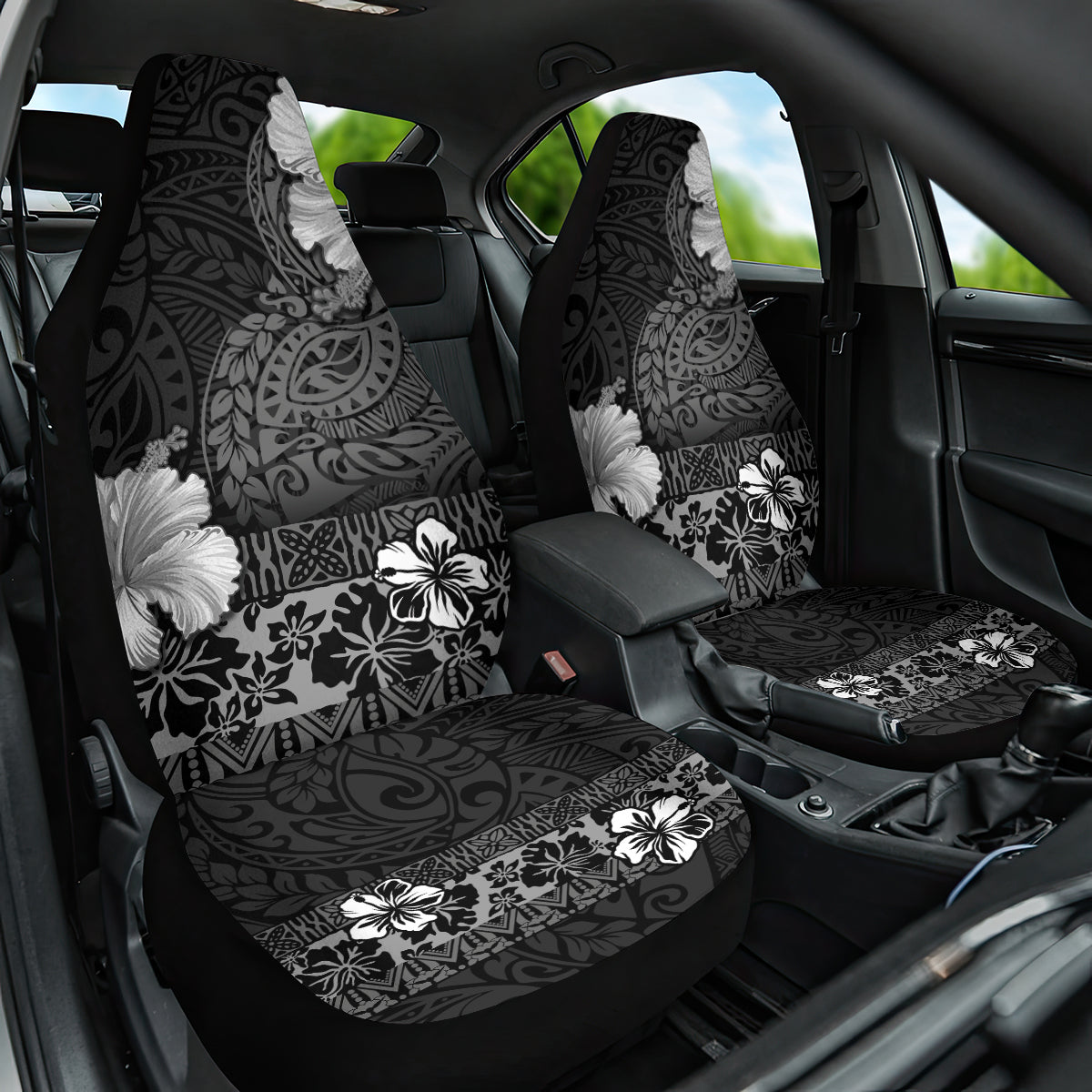 Hawaii Hibiscus With Black Polynesian Pattern Car Seat Cover