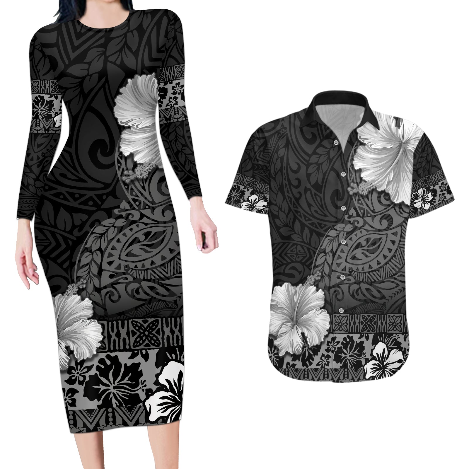 Hawaii Hibiscus With Black Polynesian Pattern Couples Matching Long Sleeve Bodycon Dress and Hawaiian Shirt