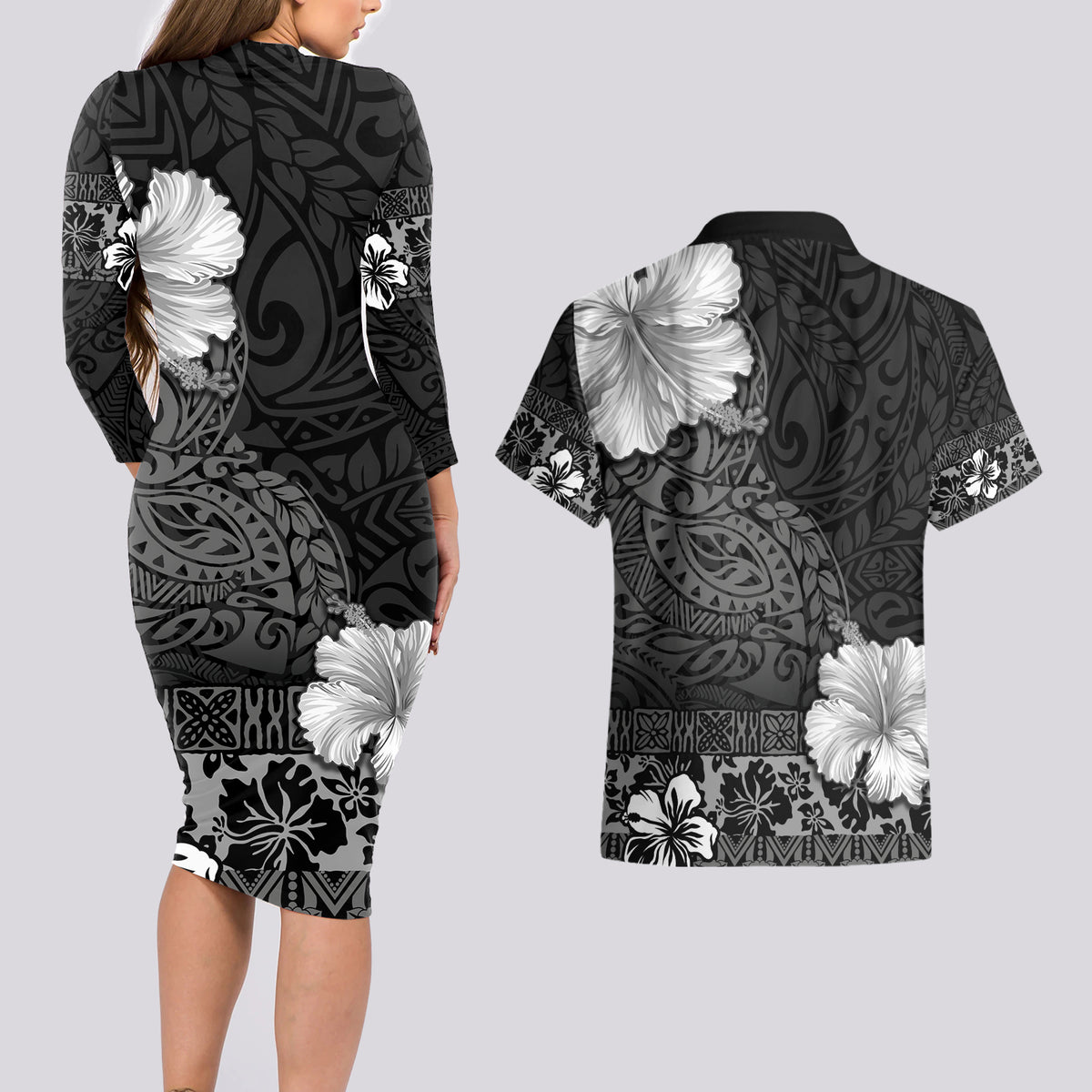 Hawaii Hibiscus With Black Polynesian Pattern Couples Matching Long Sleeve Bodycon Dress and Hawaiian Shirt LT05 - Polynesian Pride