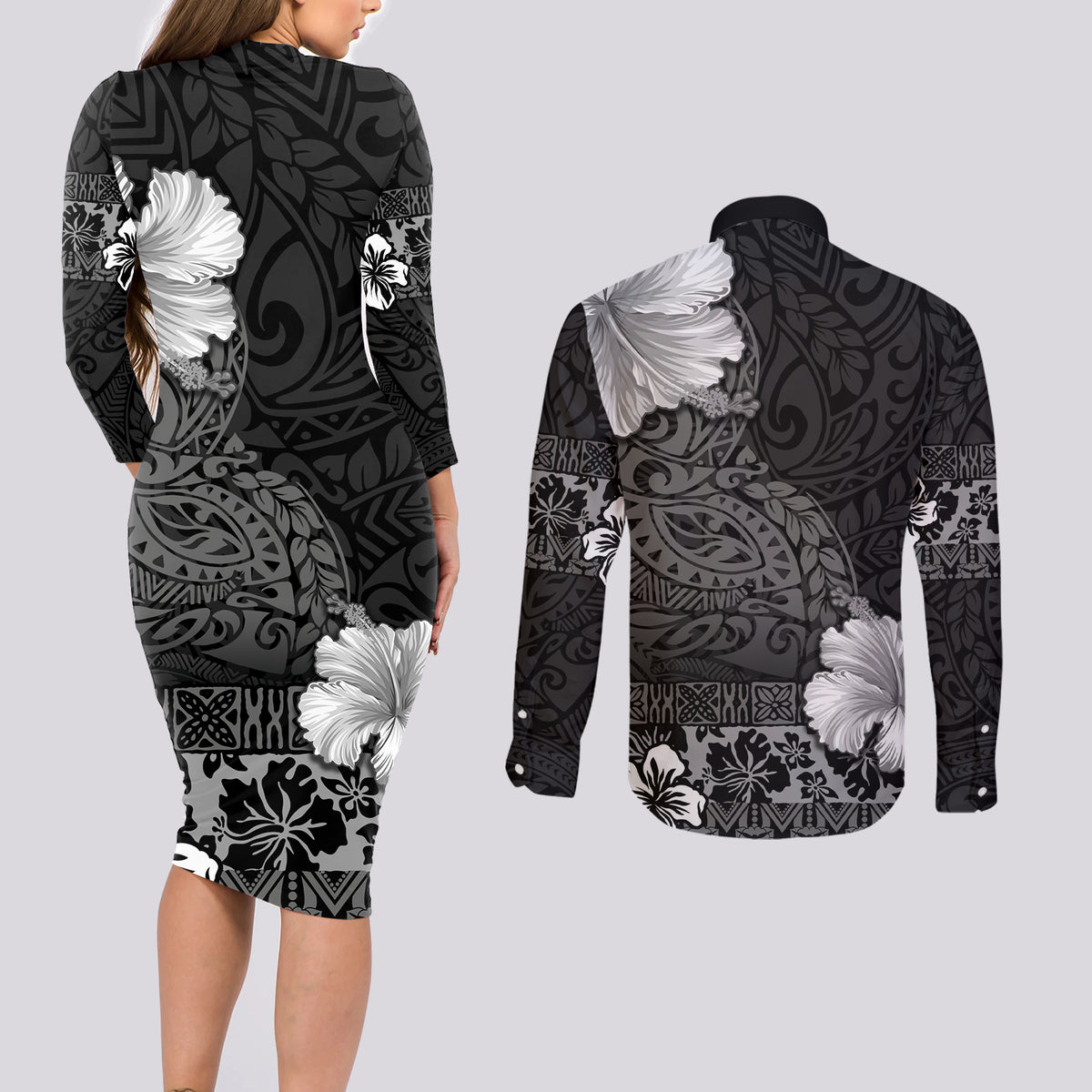 Hawaii Hibiscus With Black Polynesian Pattern Couples Matching Long Sleeve Bodycon Dress and Long Sleeve Button Shirt LT05 - Polynesian Pride