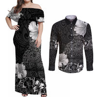 Hawaii Hibiscus With Black Polynesian Pattern Couples Matching Off Shoulder Maxi Dress and Long Sleeve Button Shirt LT05 Black - Polynesian Pride