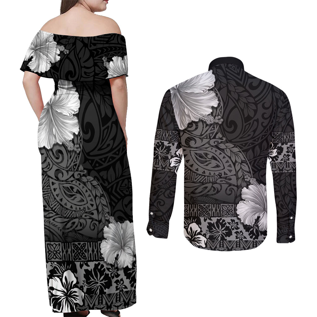 Hawaii Hibiscus With Black Polynesian Pattern Couples Matching Off Shoulder Maxi Dress and Long Sleeve Button Shirt LT05 - Polynesian Pride