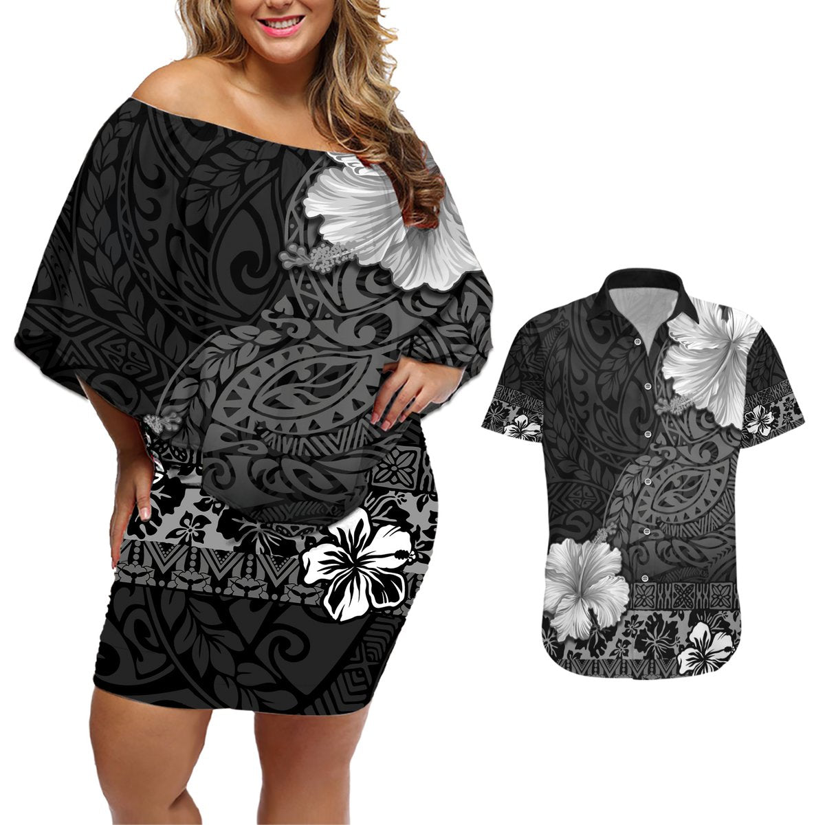 Hawaii Hibiscus With Black Polynesian Pattern Couples Matching Off Shoulder Short Dress and Hawaiian Shirt LT05 Black - Polynesian Pride