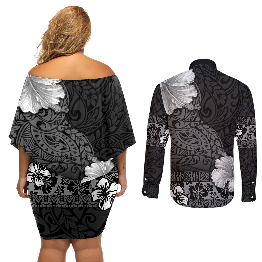 Hawaii Hibiscus With Black Polynesian Pattern Couples Matching Off Shoulder Short Dress and Long Sleeve Button Shirt LT05 - Polynesian Pride
