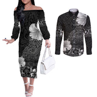 Hawaii Hibiscus With Black Polynesian Pattern Couples Matching Off The Shoulder Long Sleeve Dress and Long Sleeve Button Shirt LT05 Black - Polynesian Pride