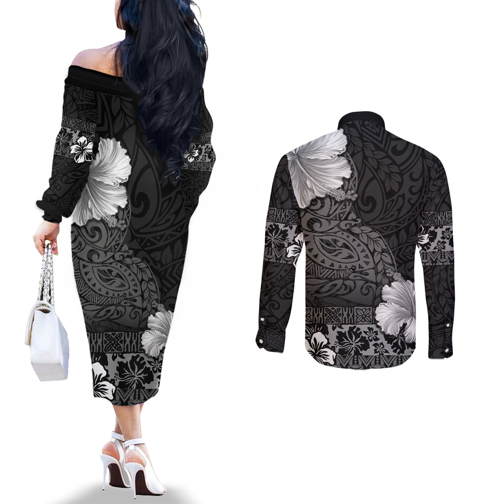 Hawaii Hibiscus With Black Polynesian Pattern Couples Matching Off The Shoulder Long Sleeve Dress and Long Sleeve Button Shirt LT05 - Polynesian Pride