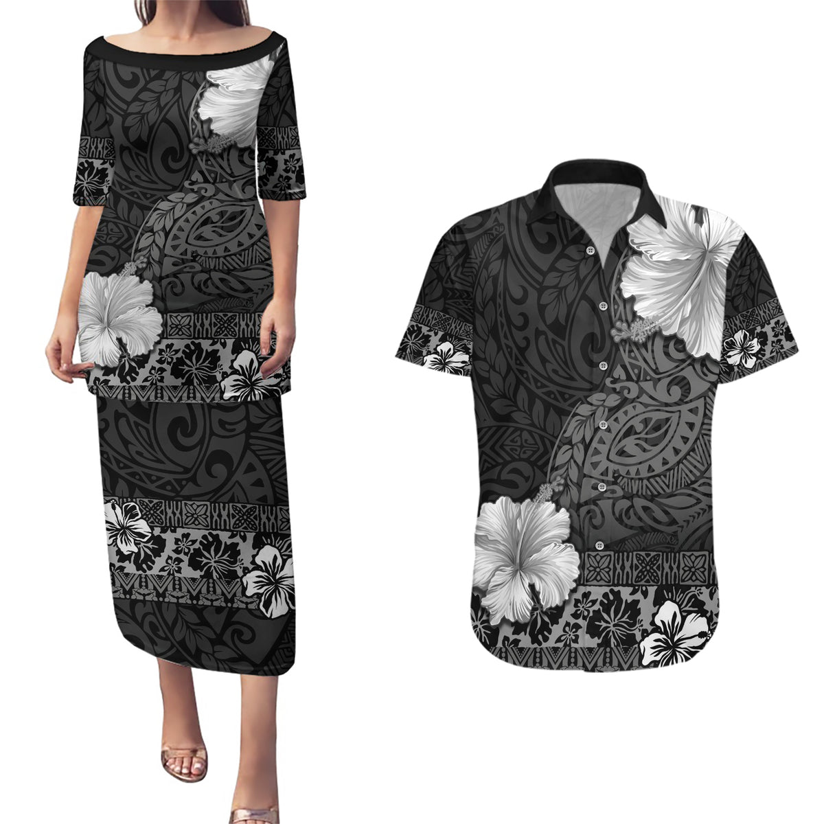 Hawaii Hibiscus With Black Polynesian Pattern Couples Matching Puletasi and Hawaiian Shirt LT05 Black - Polynesian Pride