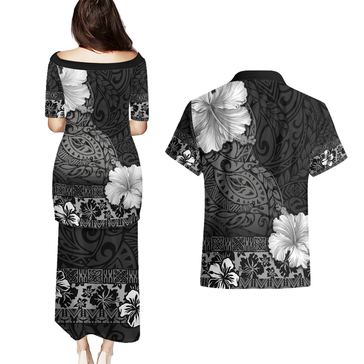 Hawaii Hibiscus With Black Polynesian Pattern Couples Matching Puletasi and Hawaiian Shirt LT05 - Polynesian Pride