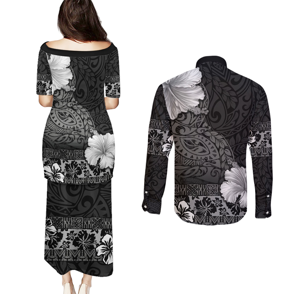 Hawaii Hibiscus With Black Polynesian Pattern Couples Matching Puletasi and Long Sleeve Button Shirt LT05 - Polynesian Pride