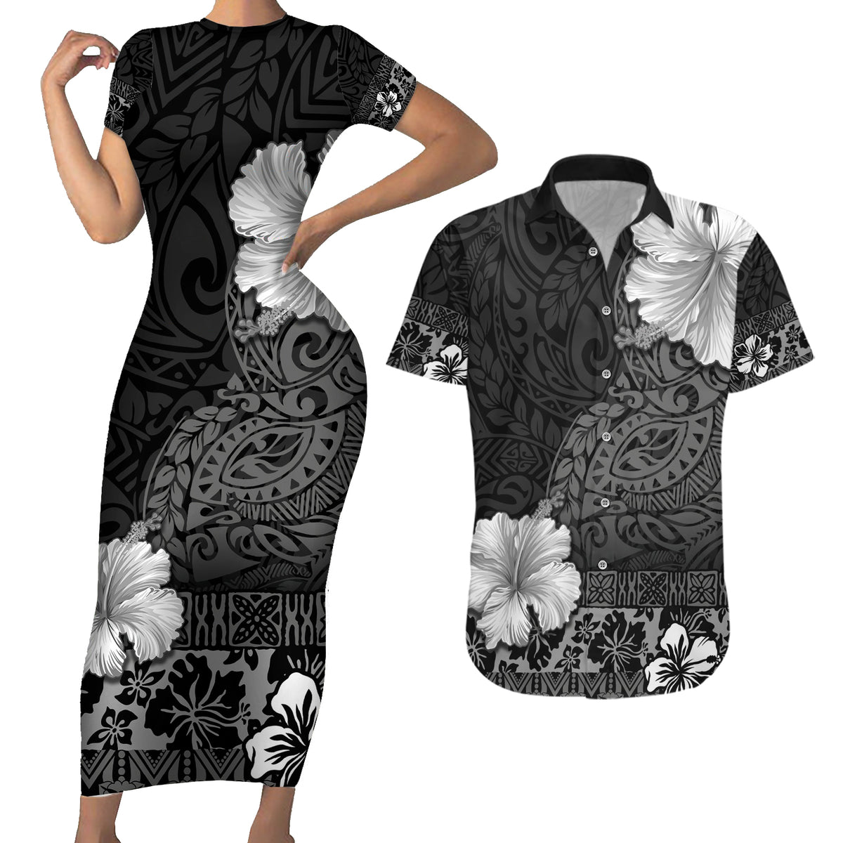 Hawaii Hibiscus With Black Polynesian Pattern Couples Matching Short Sleeve Bodycon Dress and Hawaiian Shirt LT05 Black - Polynesian Pride