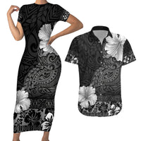 Hawaii Hibiscus With Black Polynesian Pattern Couples Matching Short Sleeve Bodycon Dress and Hawaiian Shirt LT05 Black - Polynesian Pride