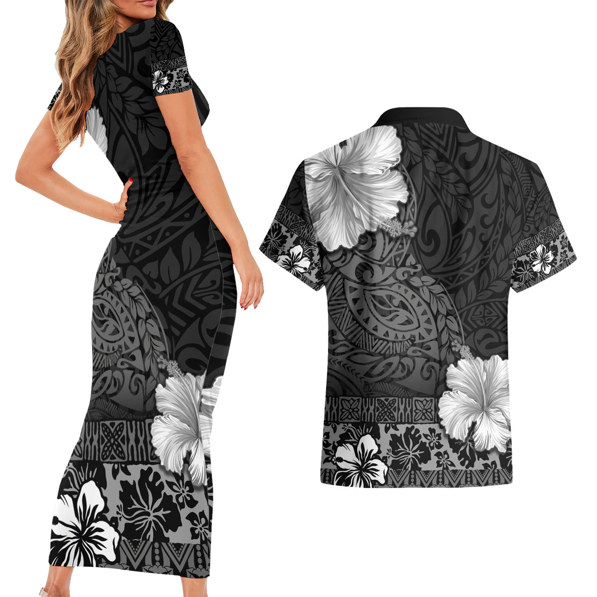 Hawaii Hibiscus With Black Polynesian Pattern Couples Matching Short Sleeve Bodycon Dress and Hawaiian Shirt LT05 - Polynesian Pride