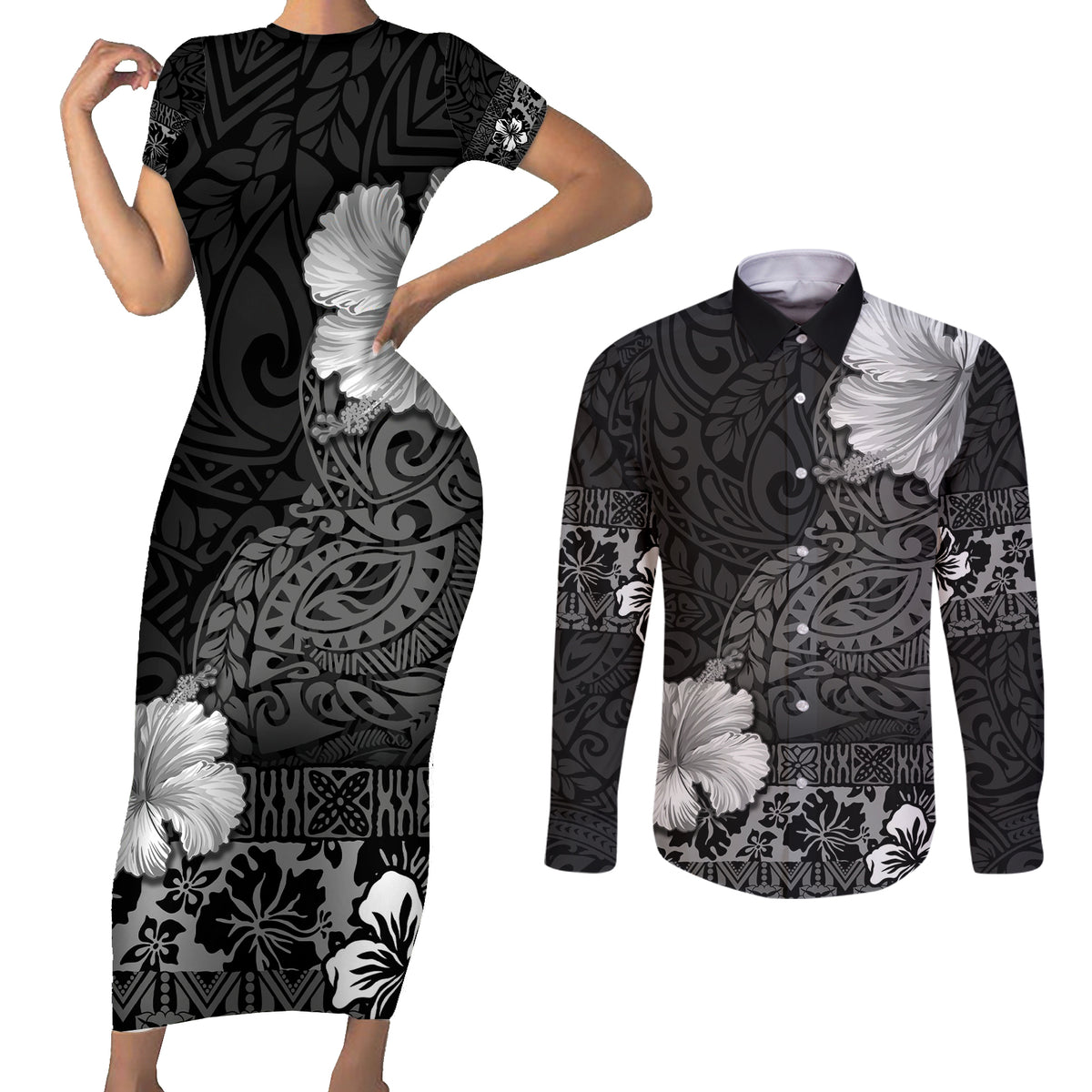 Hawaii Hibiscus With Black Polynesian Pattern Couples Matching Short Sleeve Bodycon Dress and Long Sleeve Button Shirt LT05 Black - Polynesian Pride