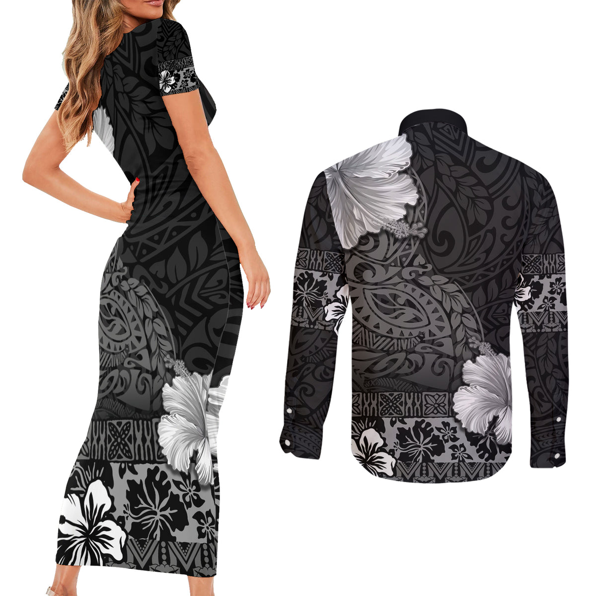 Hawaii Hibiscus With Black Polynesian Pattern Couples Matching Short Sleeve Bodycon Dress and Long Sleeve Button Shirt LT05 - Polynesian Pride