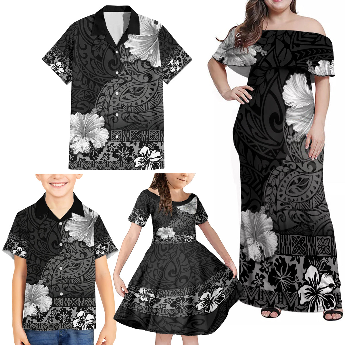 Hawaii Hibiscus With Black Polynesian Pattern Family Matching Off Shoulder Maxi Dress and Hawaiian Shirt