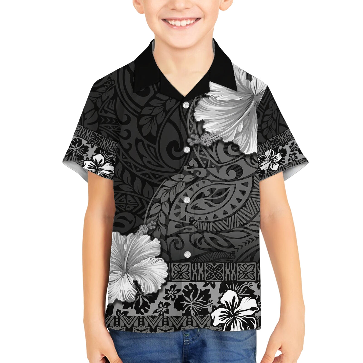 Hawaii Hibiscus With Black Polynesian Pattern Family Matching Puletasi and Hawaiian Shirt