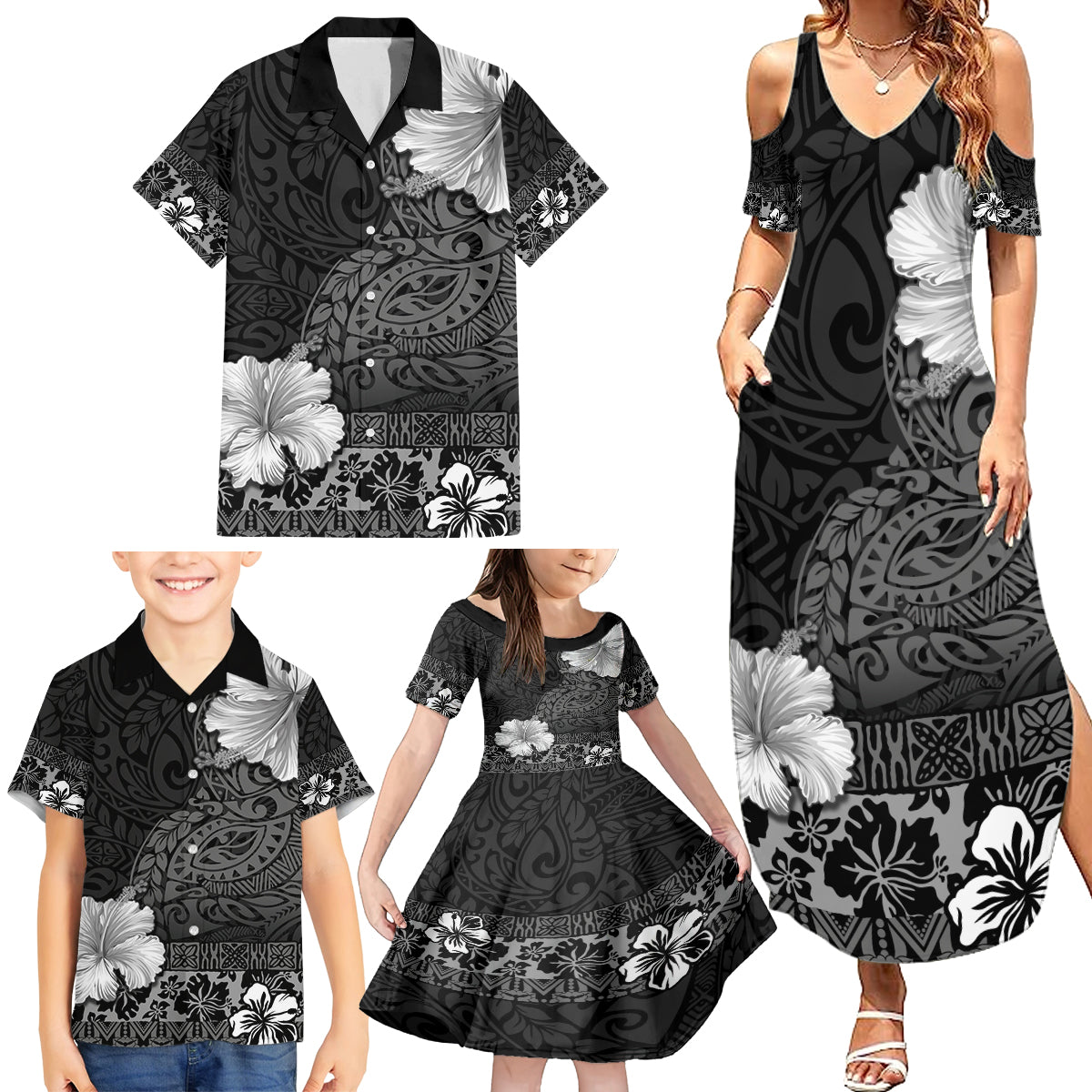 Hawaii Hibiscus With Black Polynesian Pattern Family Matching Summer Maxi Dress and Hawaiian Shirt