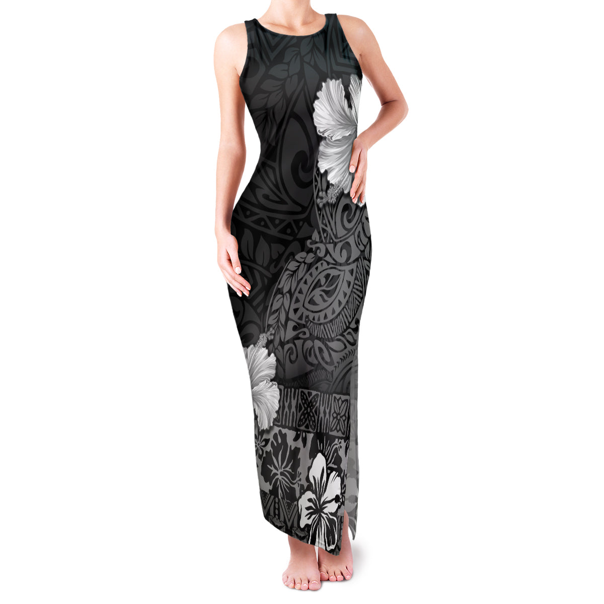 Hawaii Hibiscus With Black Polynesian Pattern Family Matching Tank Maxi Dress and Hawaiian Shirt