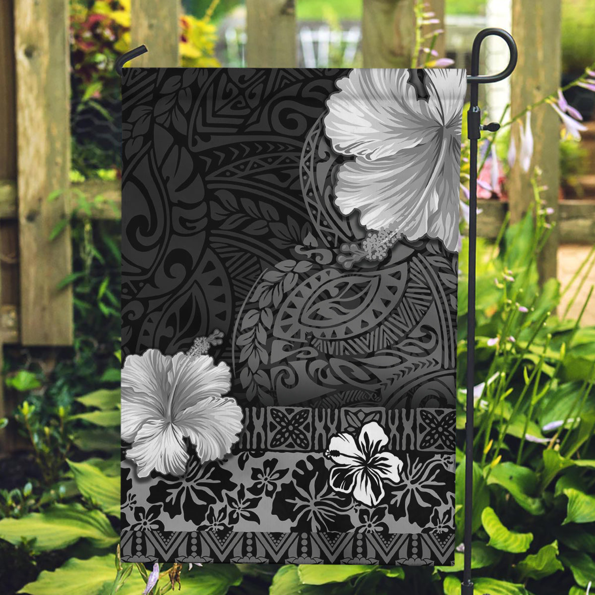 Hawaii Hibiscus With Black Polynesian Pattern Garden Flag LT05 Garden Flag Black - Polynesian Pride