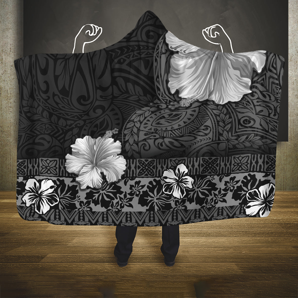 Hawaii Hibiscus With Black Polynesian Pattern Hooded Blanket LT05 One Size Black - Polynesian Pride