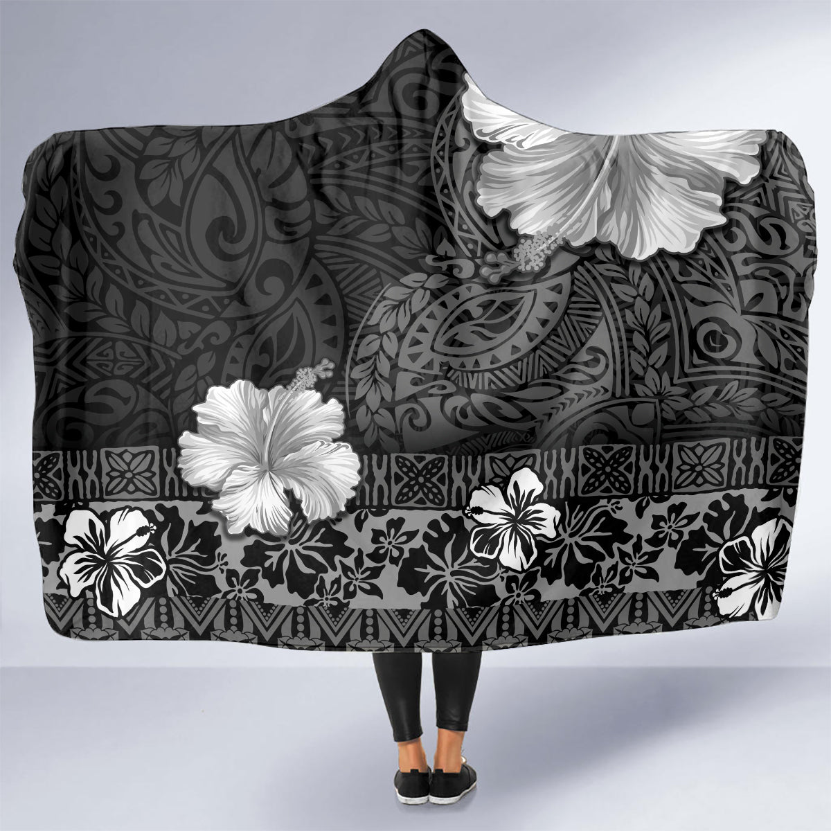 Hawaii Hibiscus With Black Polynesian Pattern Hooded Blanket LT05 - Polynesian Pride