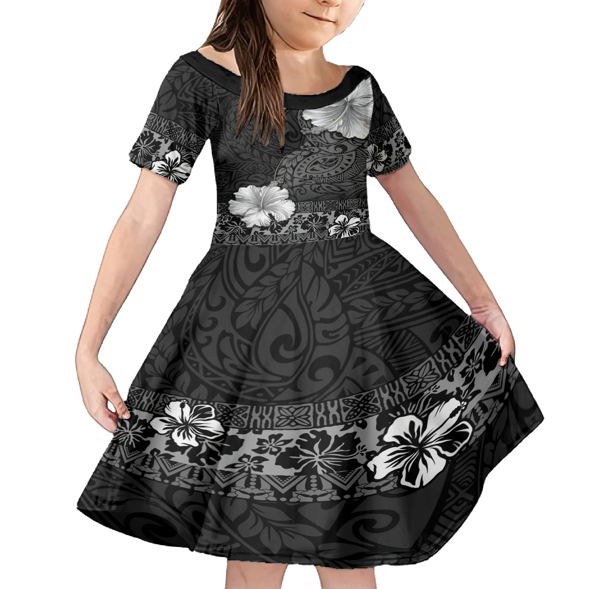 Hawaii Hibiscus With Black Polynesian Pattern Kid Short Sleeve Dress LT05 KID Black - Polynesian Pride