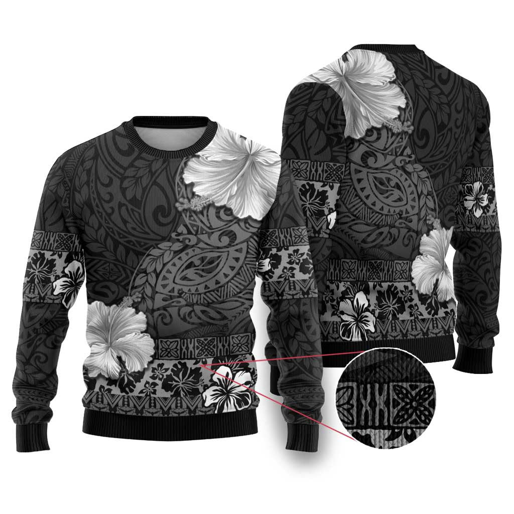 Hawaii Hibiscus With Black Polynesian Pattern Ugly Christmas Sweater