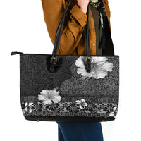 Hawaii Hibiscus With Black Polynesian Pattern Leather Tote Bag LT05 - Polynesian Pride