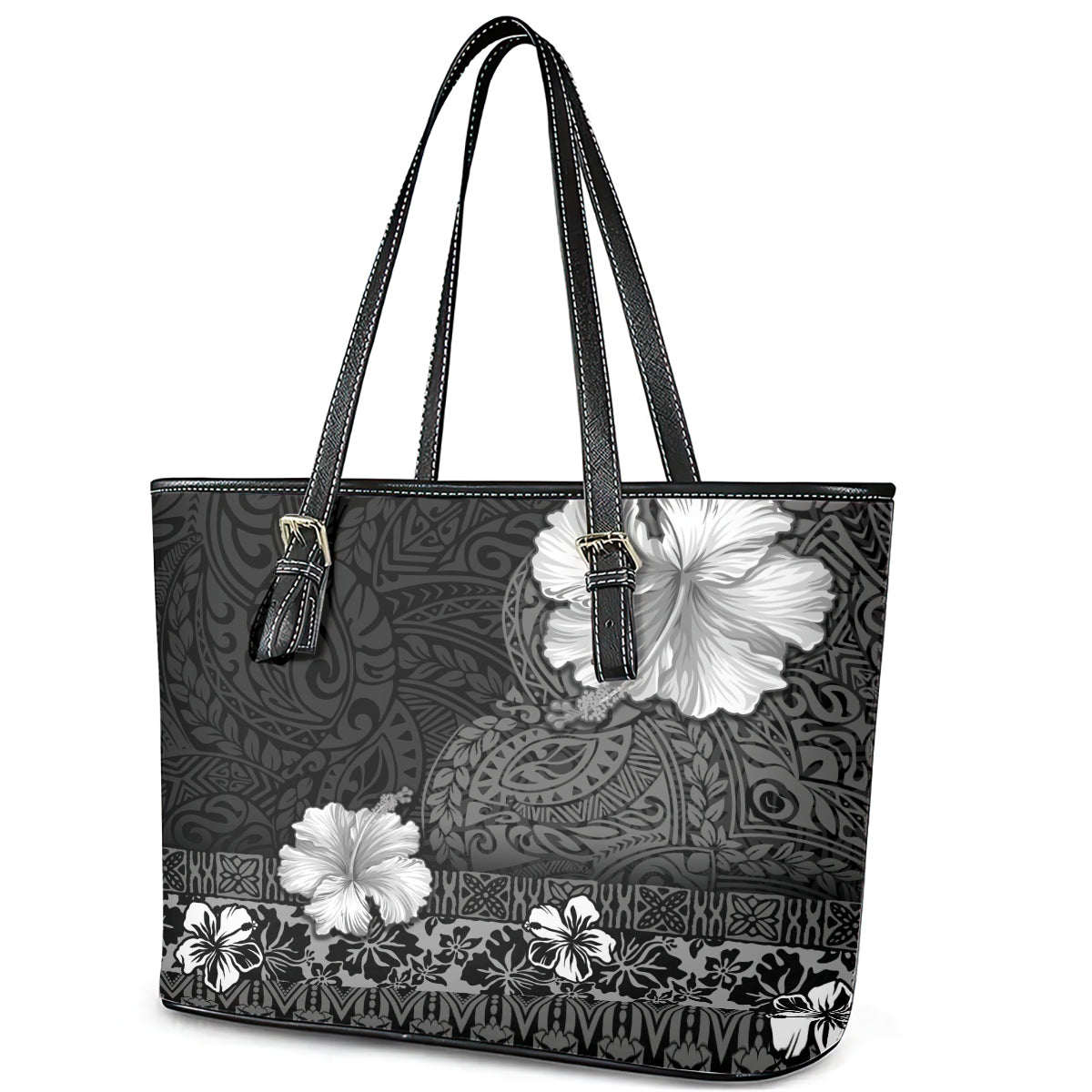 Hawaii Hibiscus With Black Polynesian Pattern Leather Tote Bag LT05 - Polynesian Pride