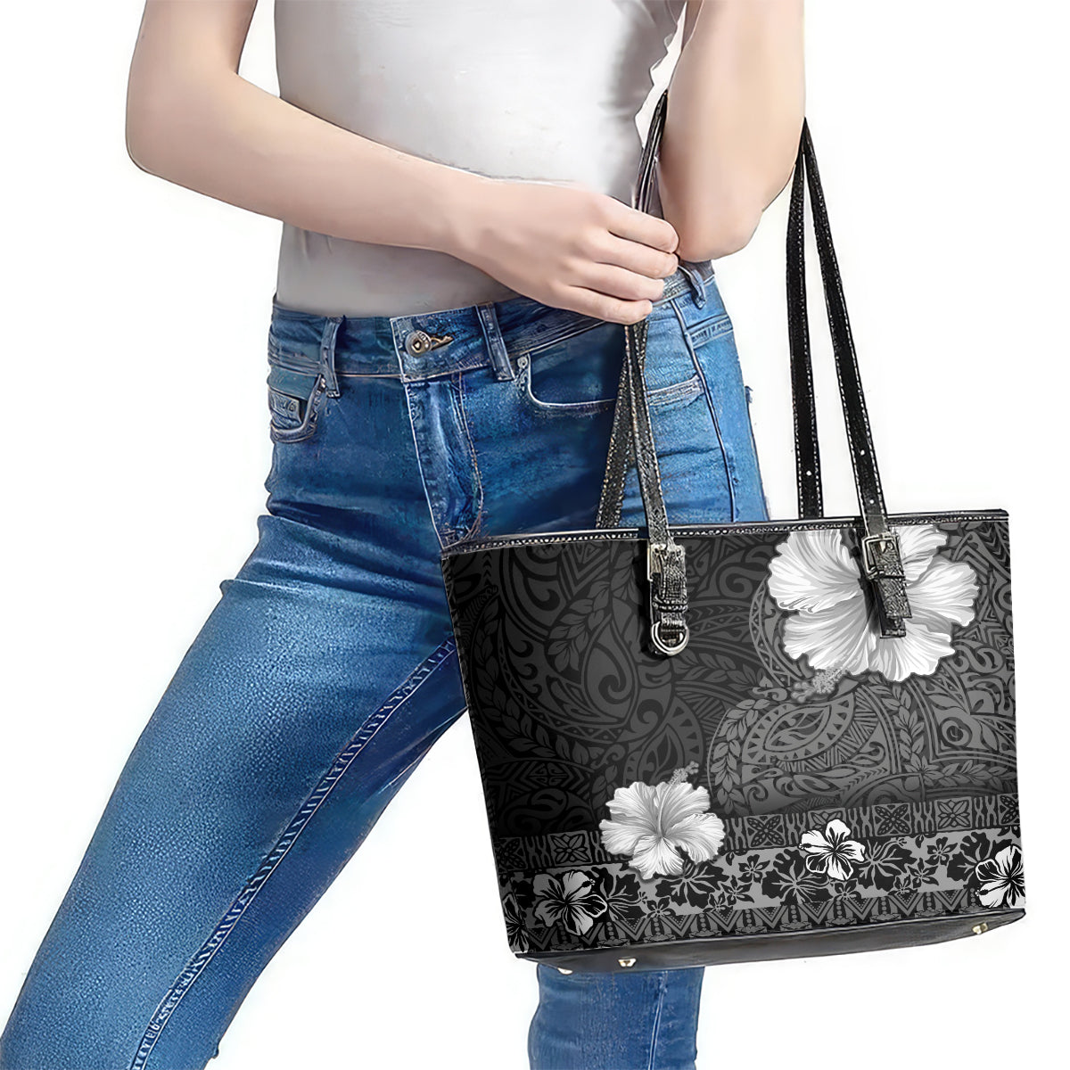 Hawaii Hibiscus With Black Polynesian Pattern Leather Tote Bag LT05 - Polynesian Pride