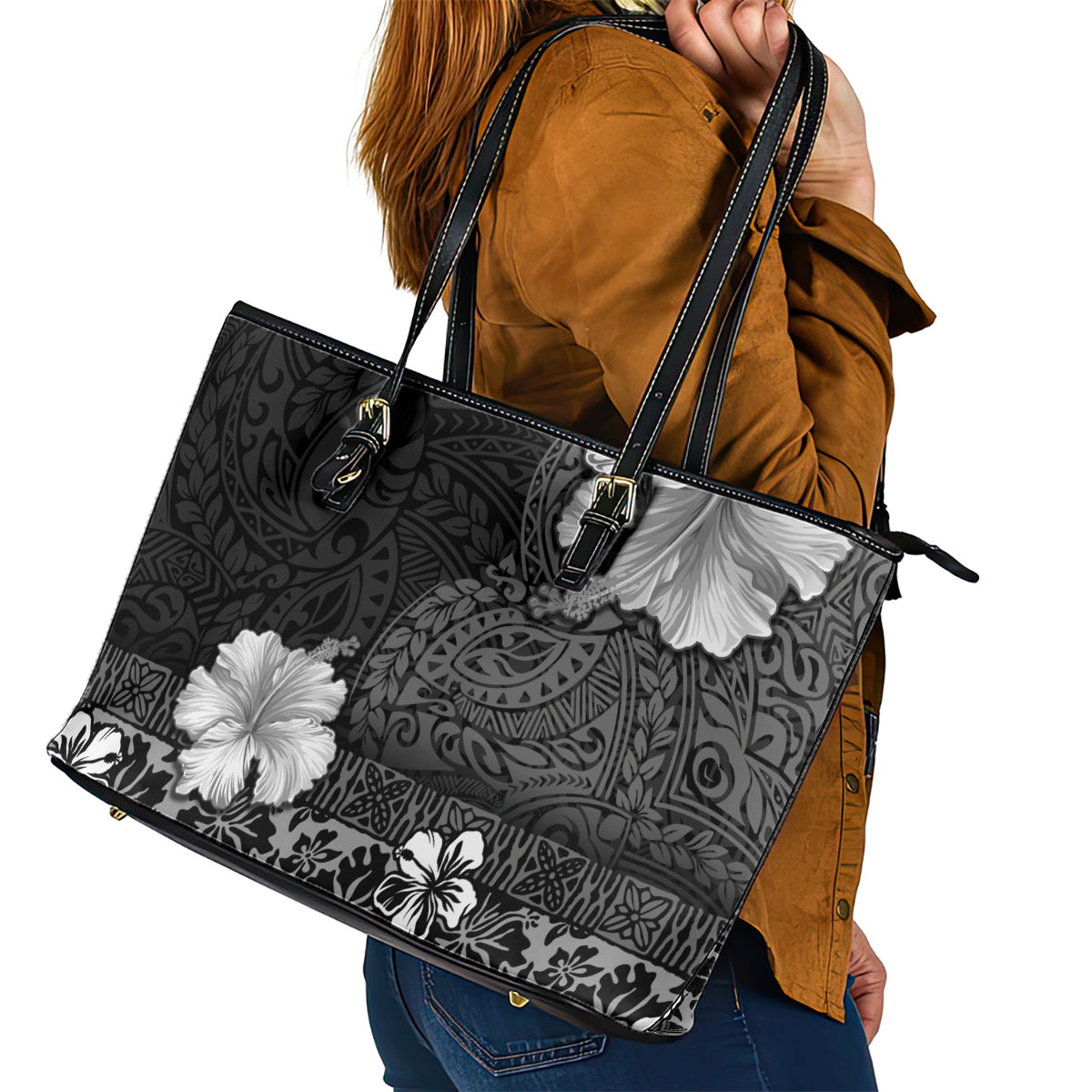 Hawaii Hibiscus With Black Polynesian Pattern Leather Tote Bag LT05 - Polynesian Pride