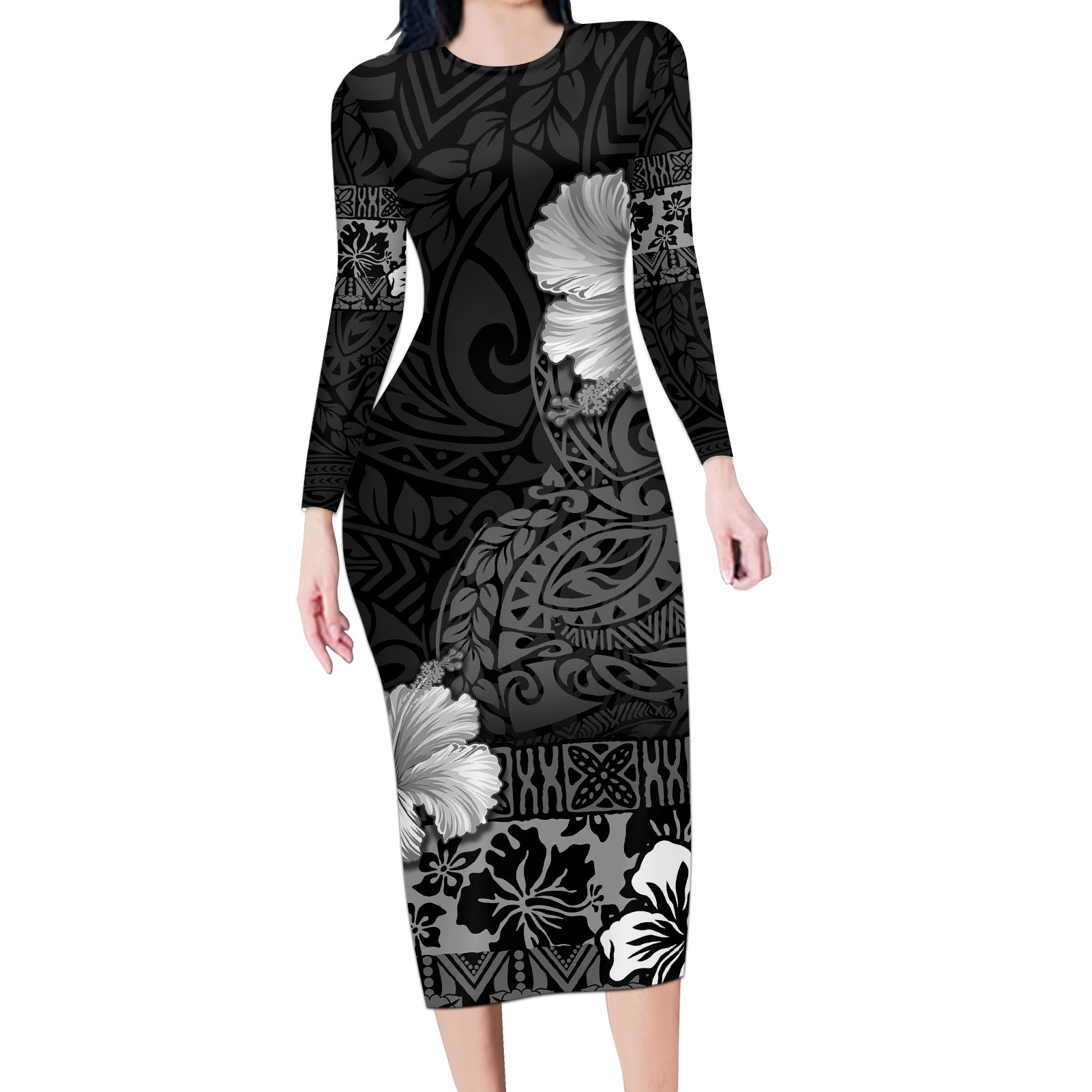 Hawaii Hibiscus With Black Polynesian Pattern Long Sleeve Bodycon Dress