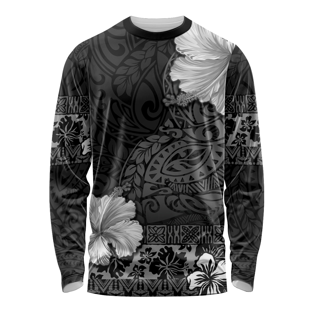 Hawaii Hibiscus With Black Polynesian Pattern Long Sleeve Shirt