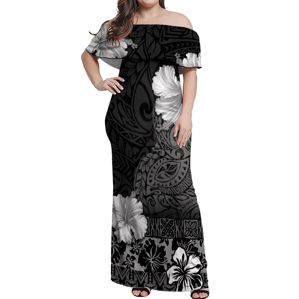 Hawaii Hibiscus With Black Polynesian Pattern Off Shoulder Maxi Dress LT05 Women Black - Polynesian Pride