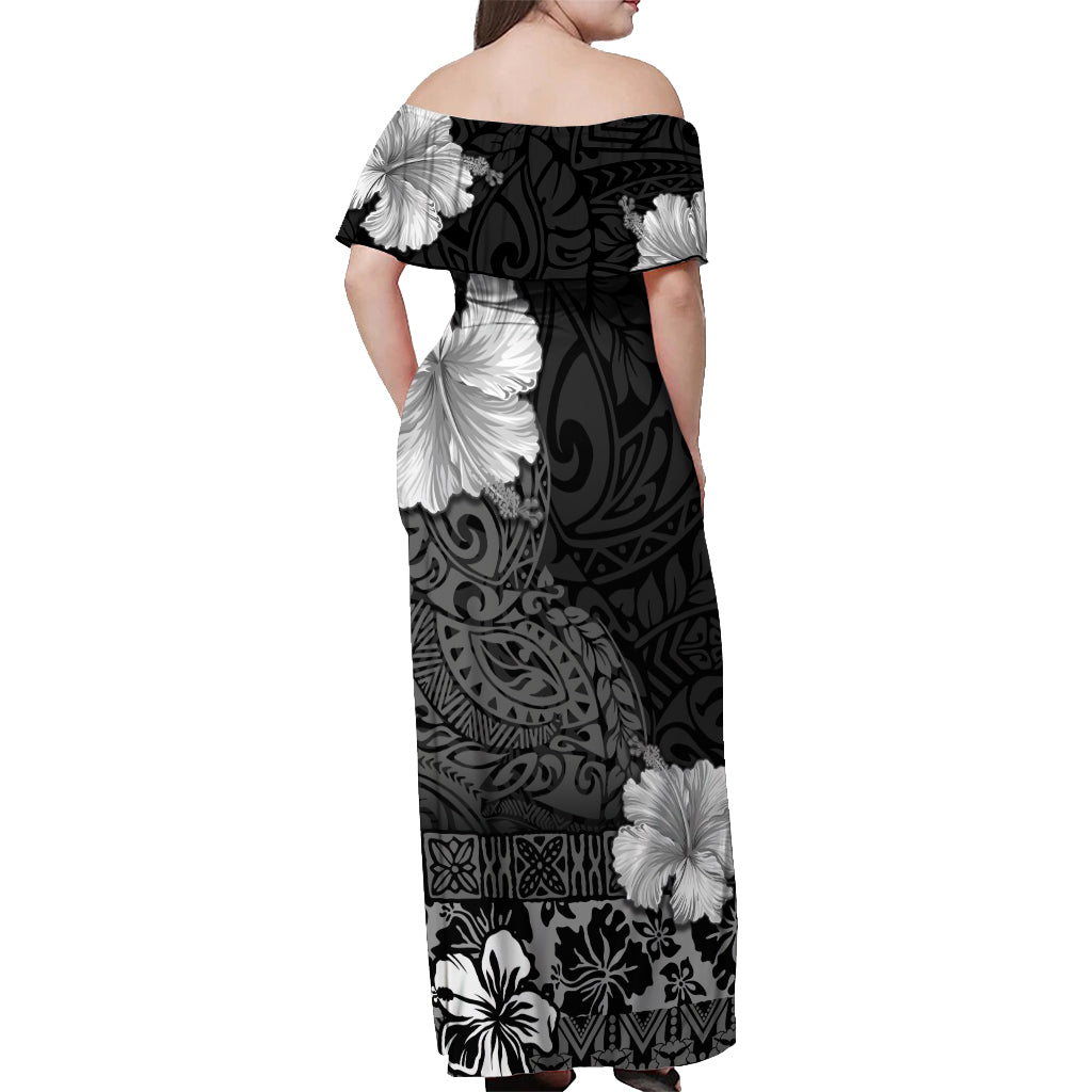 Hawaii Hibiscus With Black Polynesian Pattern Off Shoulder Maxi Dress LT05 - Polynesian Pride