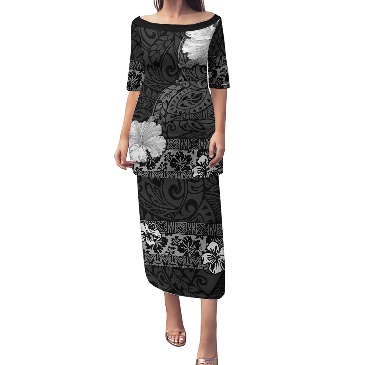 Hawaii Hibiscus With Black Polynesian Pattern Puletasi LT05 Long Dress Black - Polynesian Pride