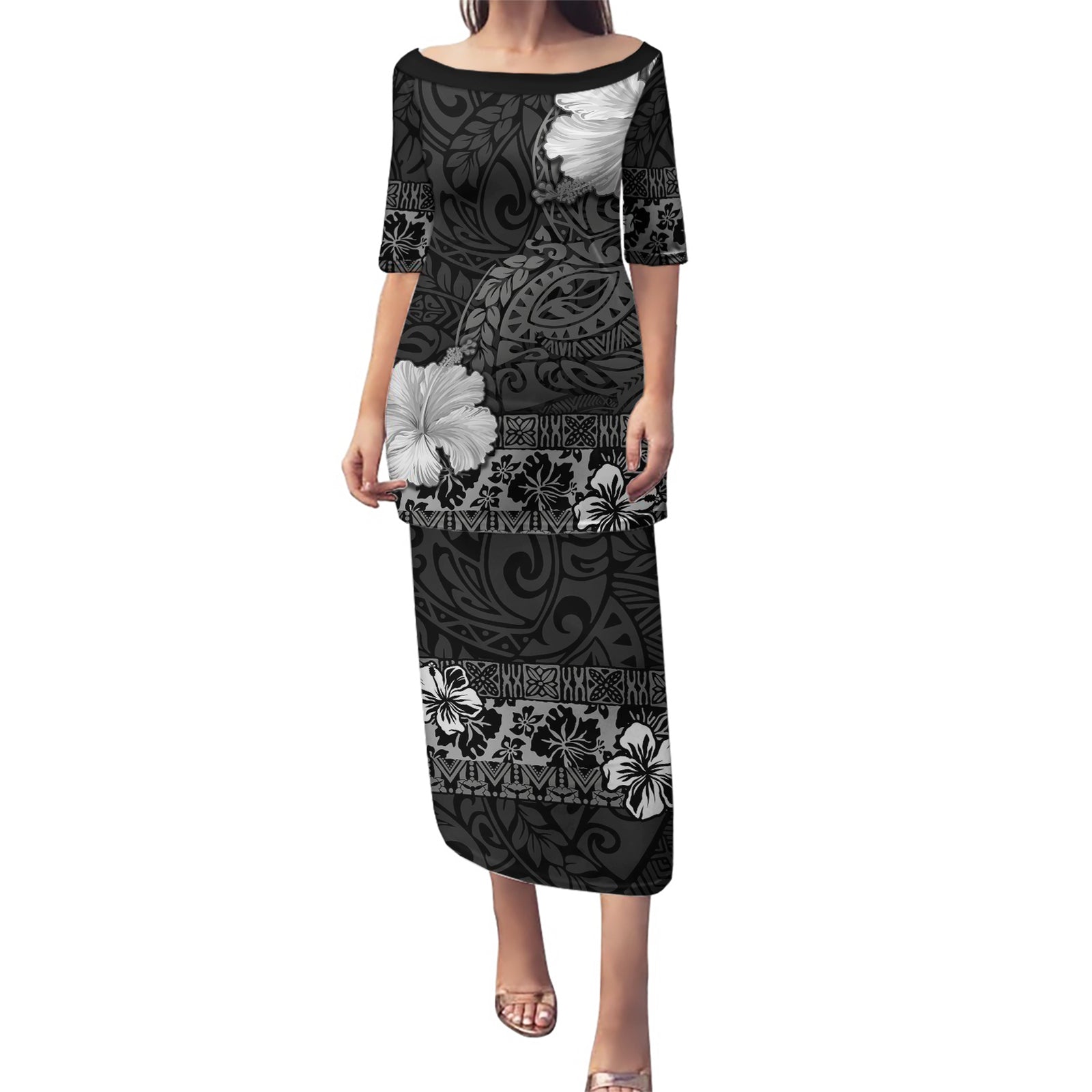Hawaii Hibiscus With Black Polynesian Pattern Puletasi LT05 Long Dress Black - Polynesian Pride