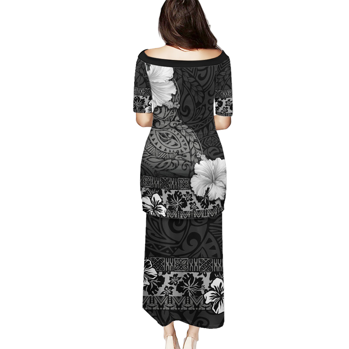 Hawaii Hibiscus With Black Polynesian Pattern Puletasi LT05 - Polynesian Pride