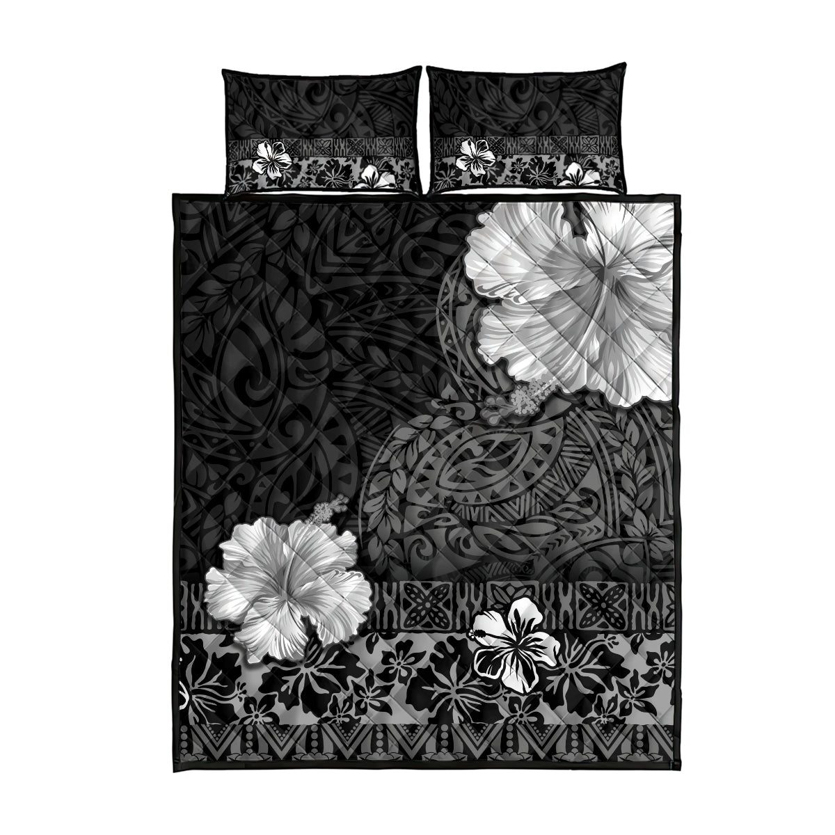 Hawaii Hibiscus With Black Polynesian Pattern Quilt Bed Set LT05 - Polynesian Pride