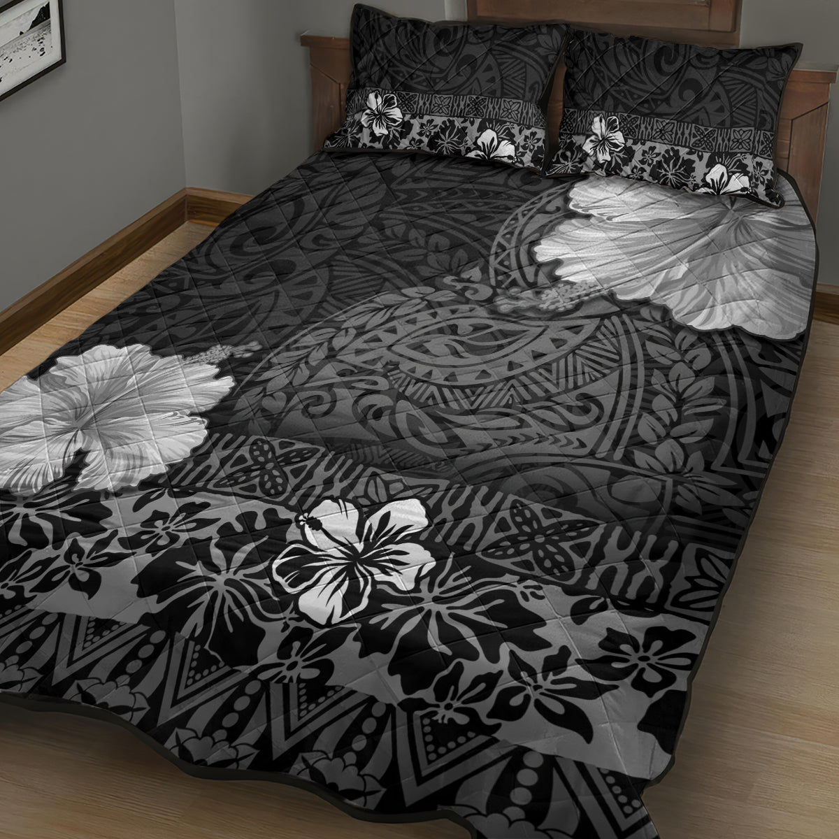 Hawaii Hibiscus With Black Polynesian Pattern Quilt Bed Set LT05 - Polynesian Pride