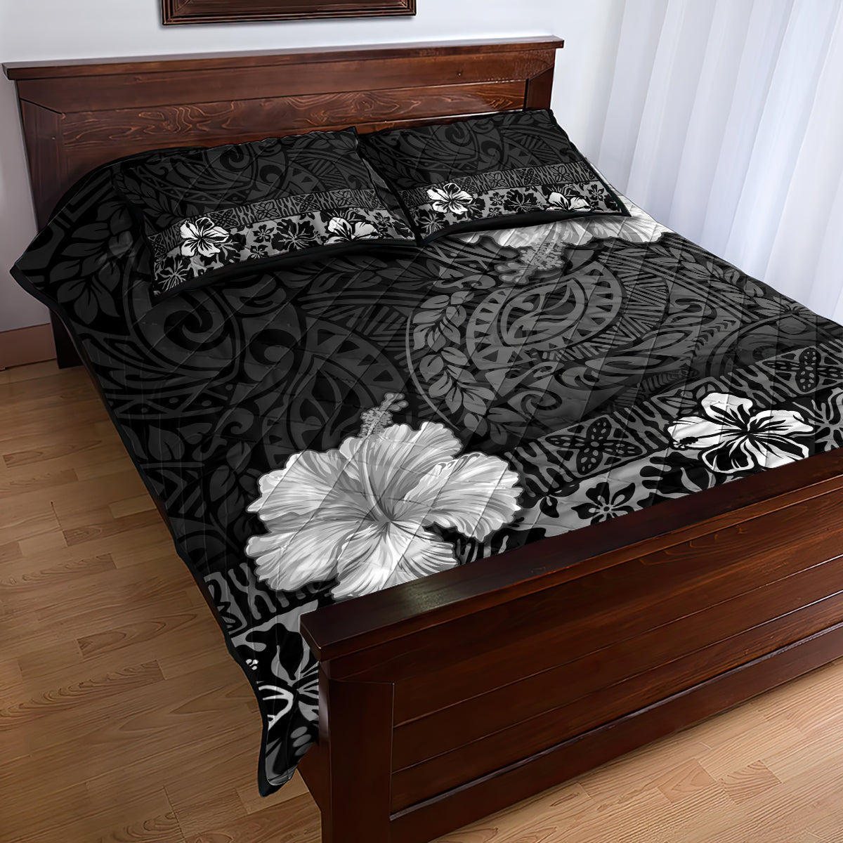 Hawaii Hibiscus With Black Polynesian Pattern Quilt Bed Set LT05 - Polynesian Pride