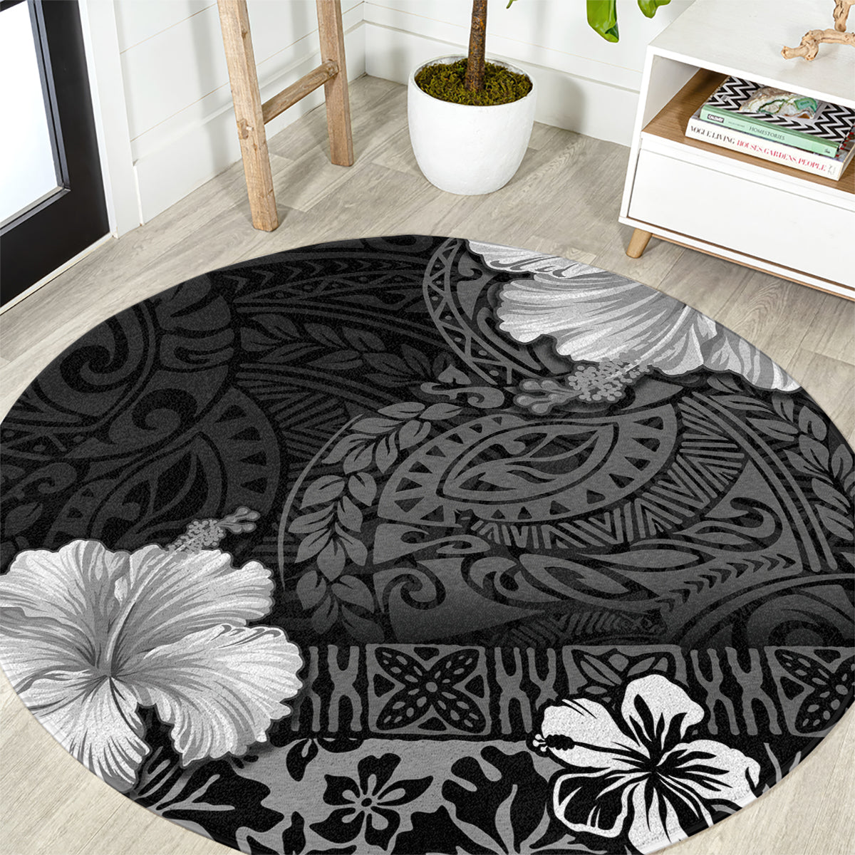 Hawaii Hibiscus With Black Polynesian Pattern Round Carpet