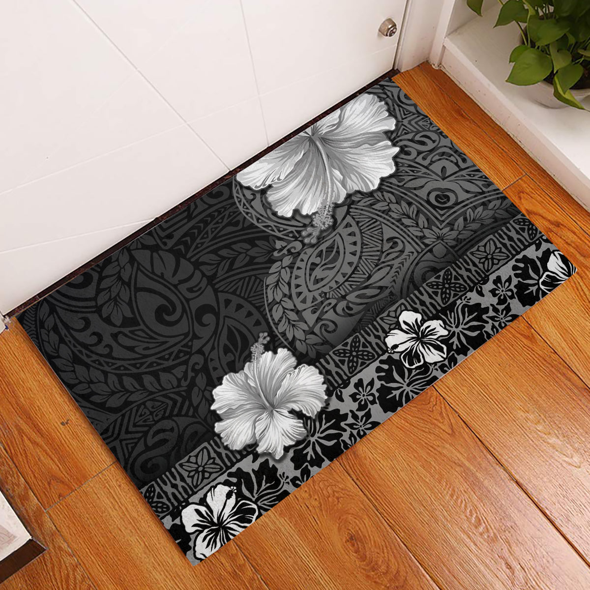 Hawaii Hibiscus With Black Polynesian Pattern Rubber Doormat LT05 Black - Polynesian Pride