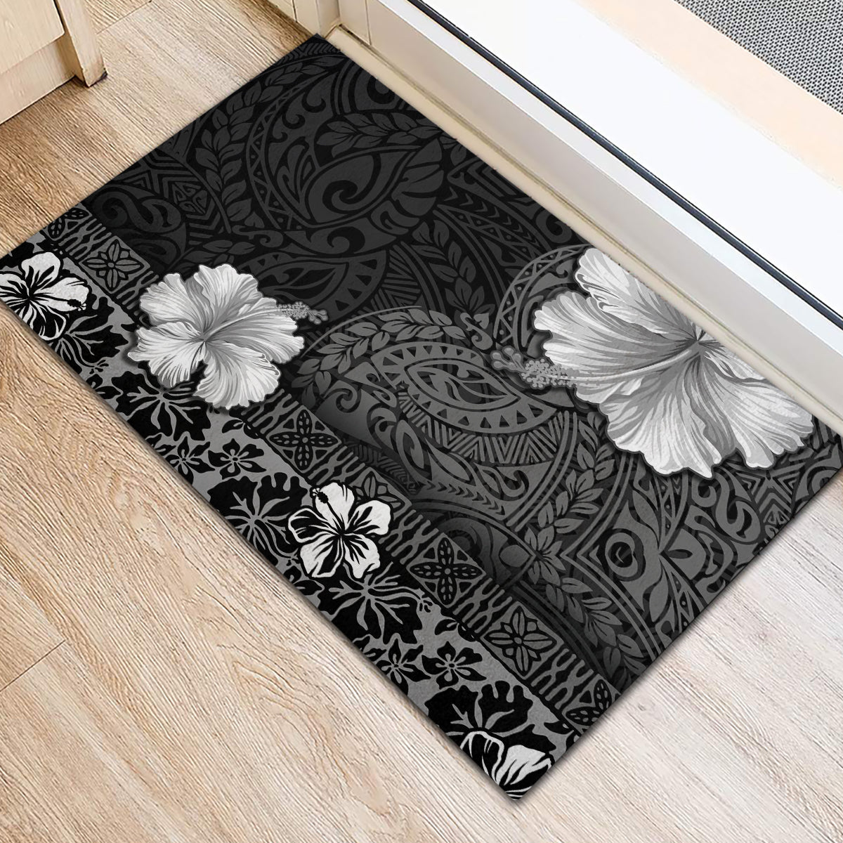 Hawaii Hibiscus With Black Polynesian Pattern Rubber Doormat LT05 - Polynesian Pride
